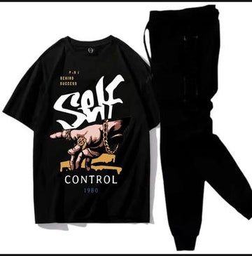 Men Black Graphic Track Suit 2Pcs Cotton Summer Wear